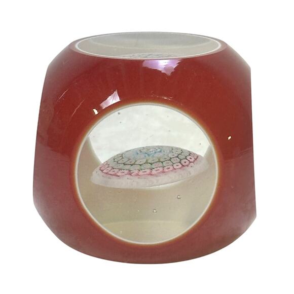 Vintage Murano (?) Millefiori Facet Overlay Cased Glass Window Red Paperweight - Picture 5 of 7